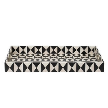 25 Inch Decorative Black White Wood Trays Art Deco Geometric Set of 2 By Casagear Home BM286374