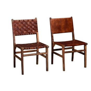 34 Inch Set of 2 Wood Dining Chairs, Leather Woven Back and Seat, Brown By Casagear Home