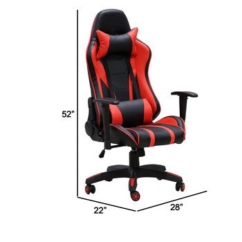 22 Inch Office Gaming Chair Red Black Faux Leather with Back Pillows By Casagear Home BM286422