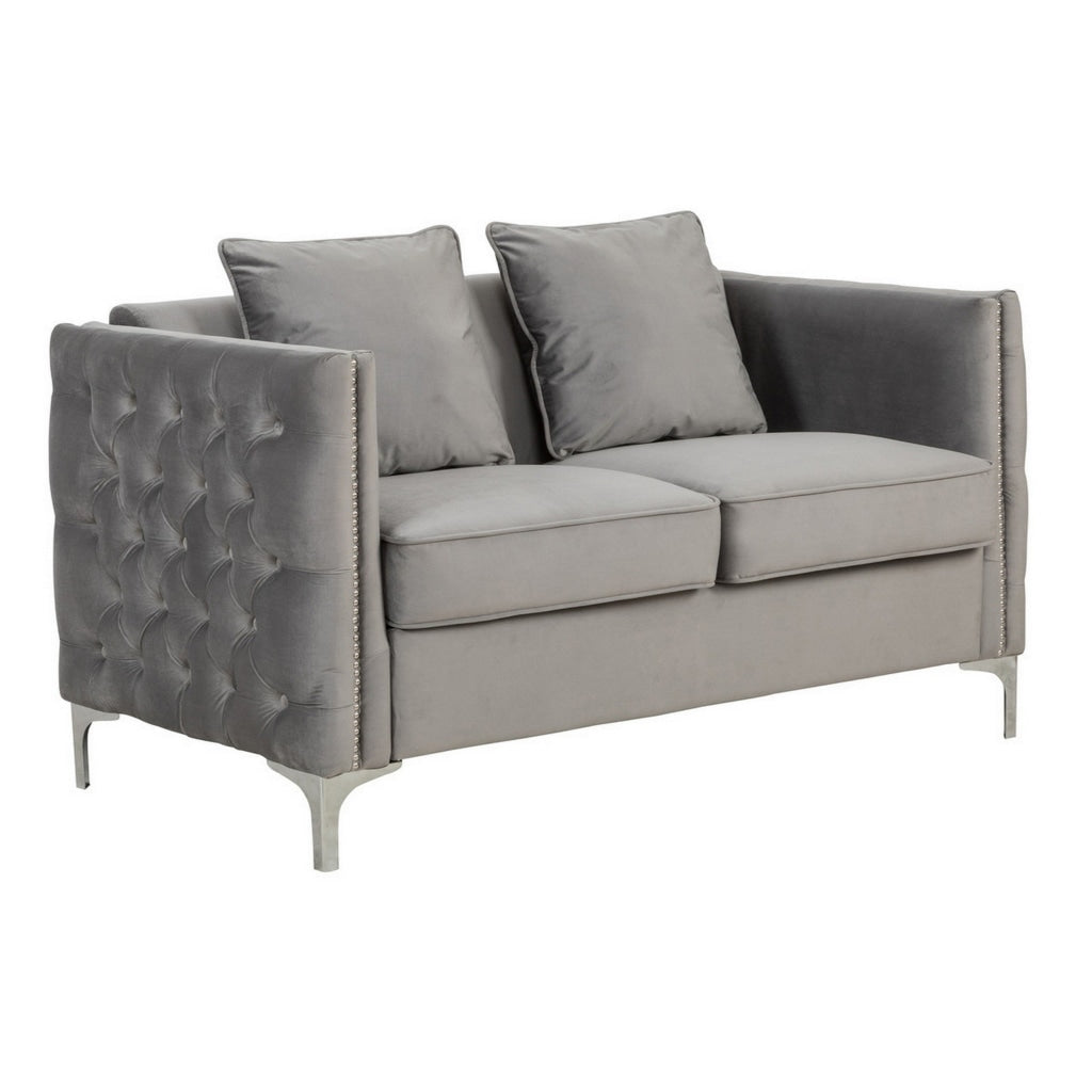 Zion 53 Inch Accent Loveseat, Handmade Nailhead Trim, Tufted, Gray Velvet By Casagear Home