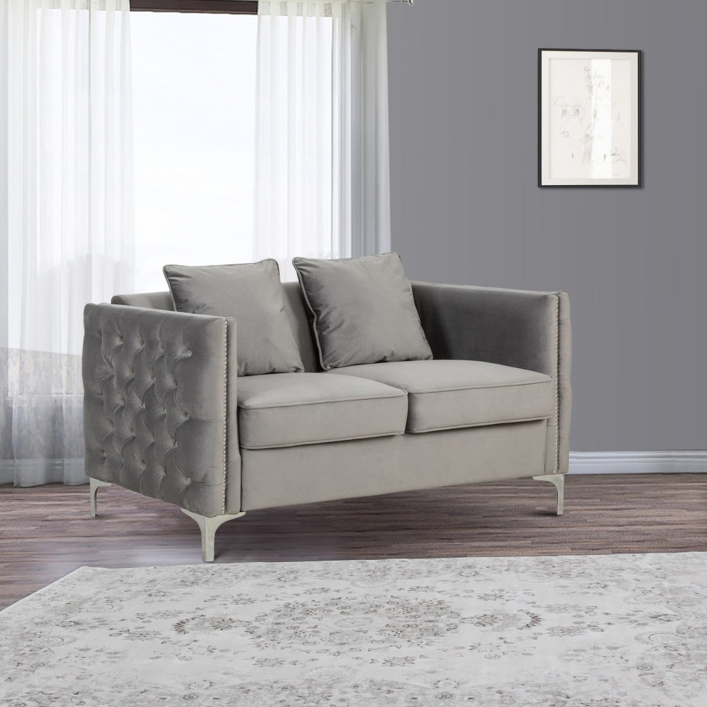 Zion 53 Inch Accent Loveseat, Handmade Nailhead Trim, Tufted, Gray Velvet By Casagear Home