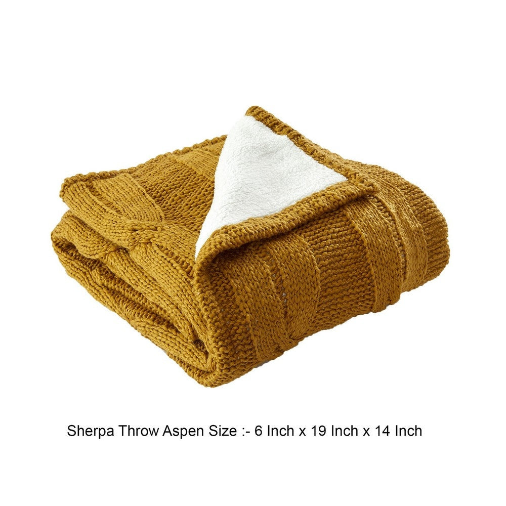 Lois 50 x 60 Throw Blanket with Cable Knit and Sherpa Acrylic Gold White By Casagear Home BM287490