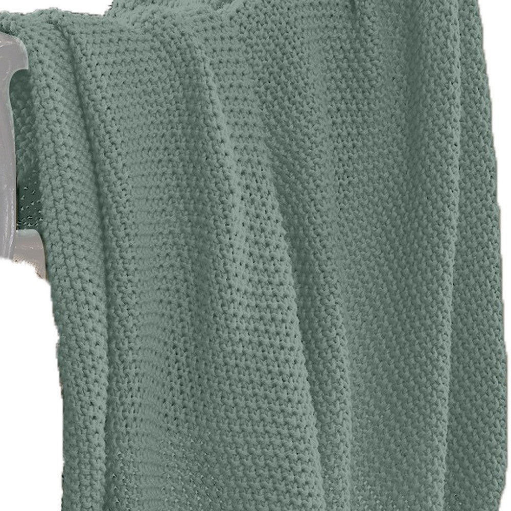 Nick 50 x 70 Soft Throw Blanket Acrylic Knit Pom Pom Accents Ivy Green By Casagear Home BM287503