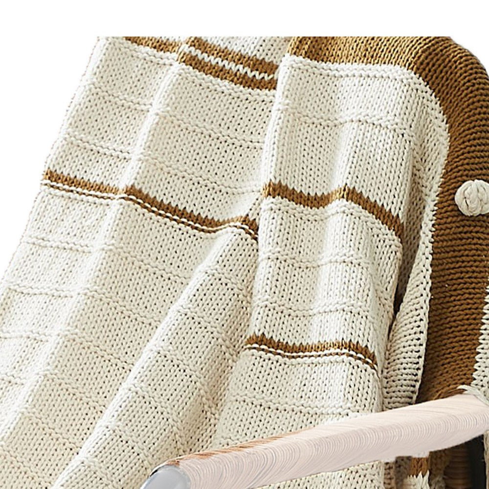 Kai 50 x 70 Throw Blanket with Fringes Soft Knitted Cotton Ivory Gold By Casagear Home BM287506