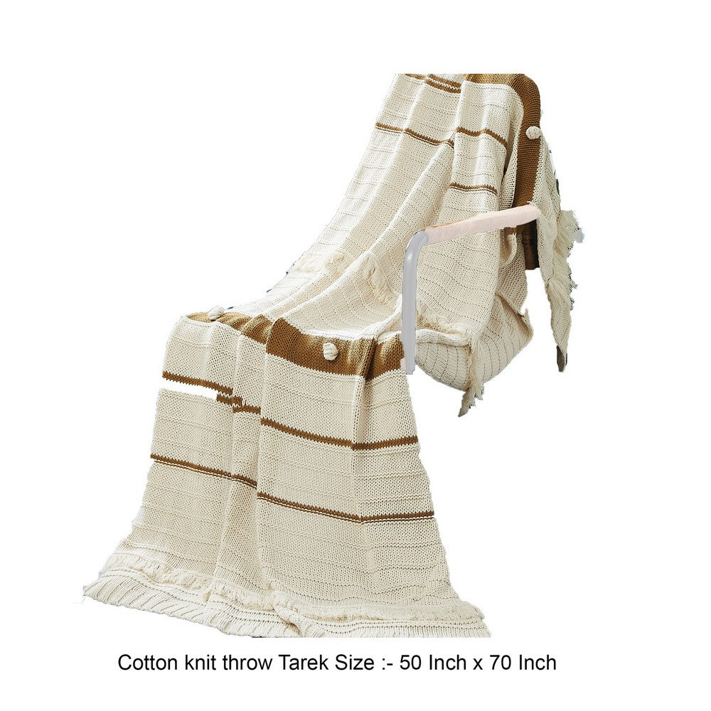 Kai 50 x 70 Throw Blanket with Fringes Soft Knitted Cotton Ivory Gold By Casagear Home BM287506