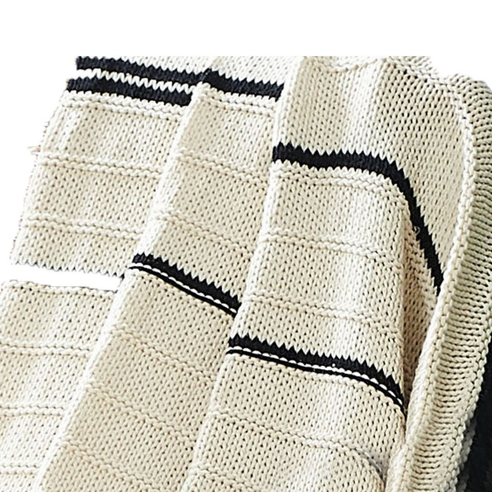 Kai 50 x 70 Throw Blanket with Fringes Soft Knitted Cotton Ivory Black By Casagear Home BM287507