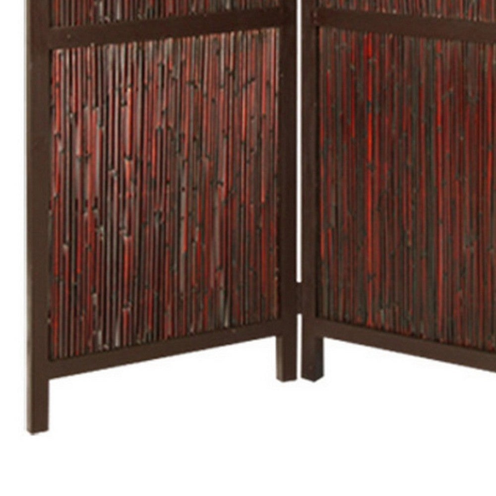 72 Inch 3 Panel Privacy Screen Hardwood Frame Bamboo Strips Brown Red By Casagear Home BM287515