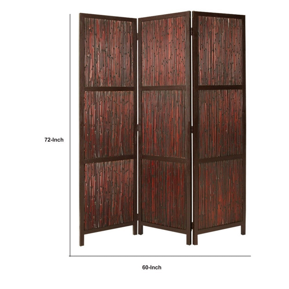 72 Inch 3 Panel Privacy Screen Hardwood Frame Bamboo Strips Brown Red By Casagear Home BM287515