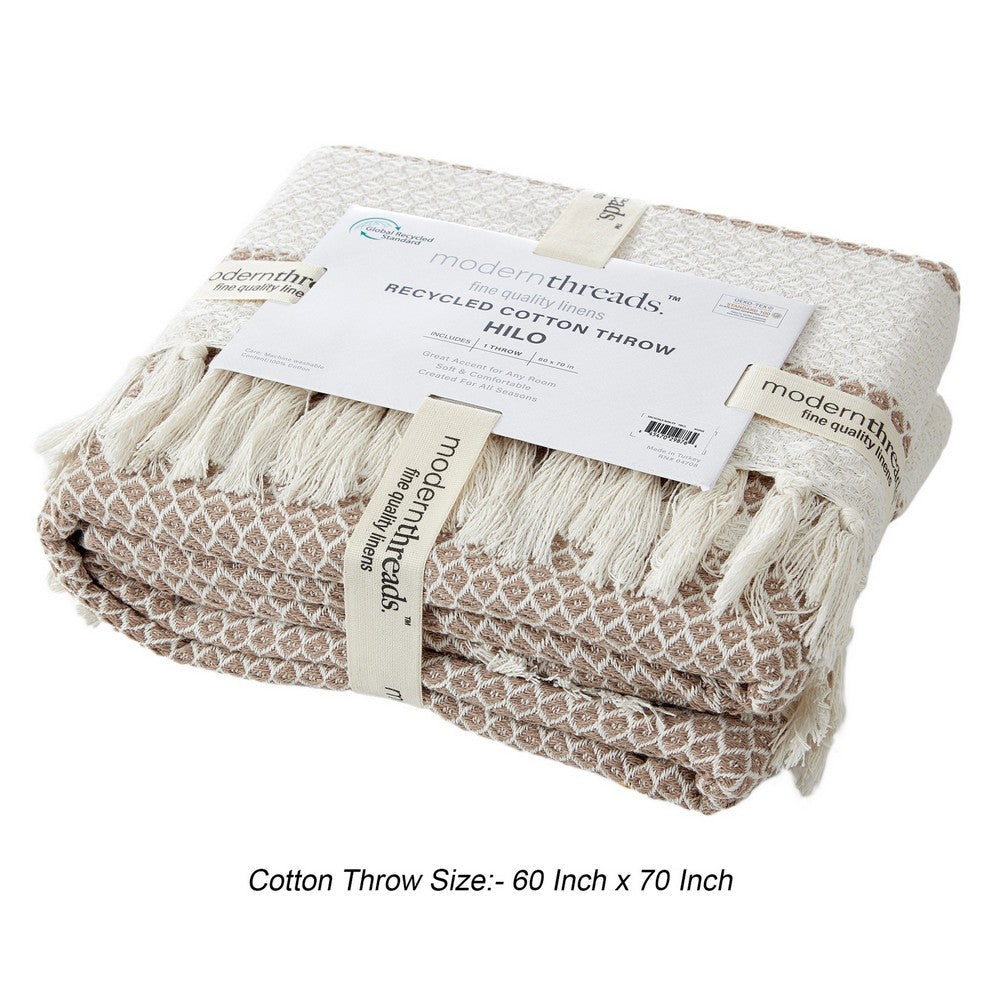 Ida 60 x 70 Throw Blanket with Diamond Knitted Cotton Beige and White By Casagear Home BM287533