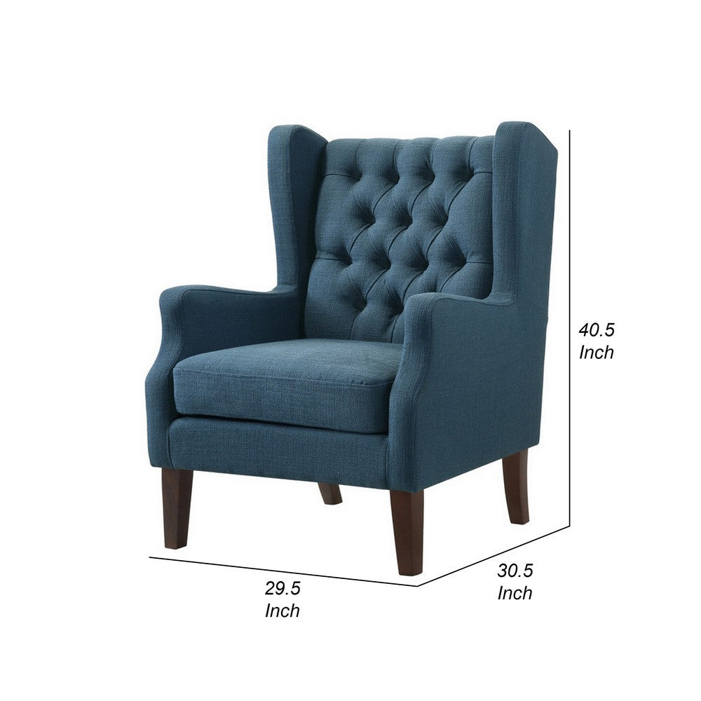 Keva 31 Inch Accent Chair Deep Button Tufted Wingback Smooth Blue Fabric By Casagear Home BM287588