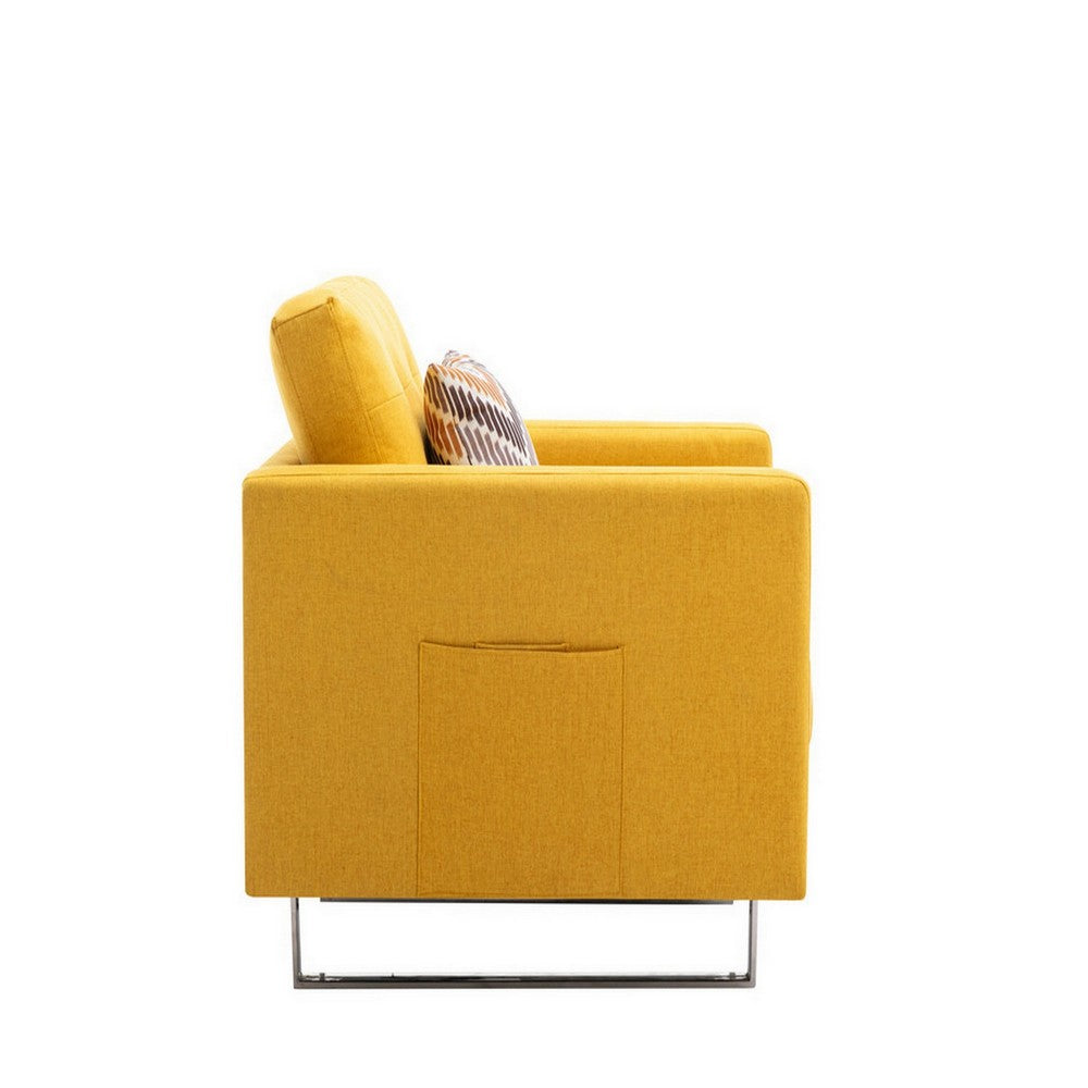 Lewa 34 inch Modern Accent Armchair Silver Metal Legs Tufted Seat Yellow By Casagear Home BM287619