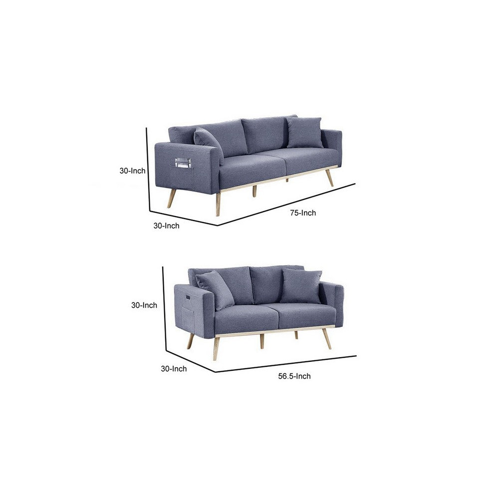 Mico 75 Inch 2 Piece Sofa and Loveseat Set USB Ports Dark Gray Fabric By Casagear Home BM287637