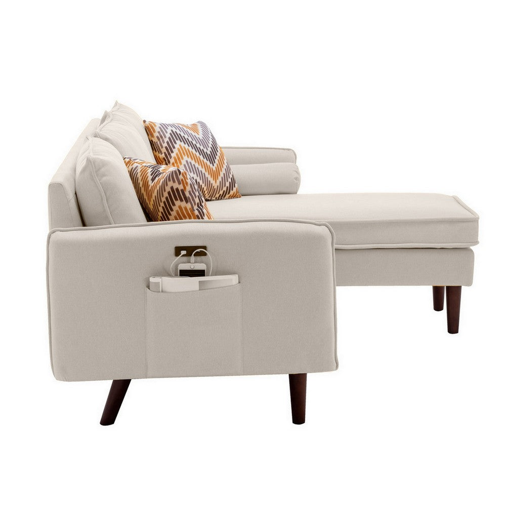 Ranon 70 Inch Sectional Chaise Sofa USB Charging Port Side Pocket Beige By Casagear Home BM287653