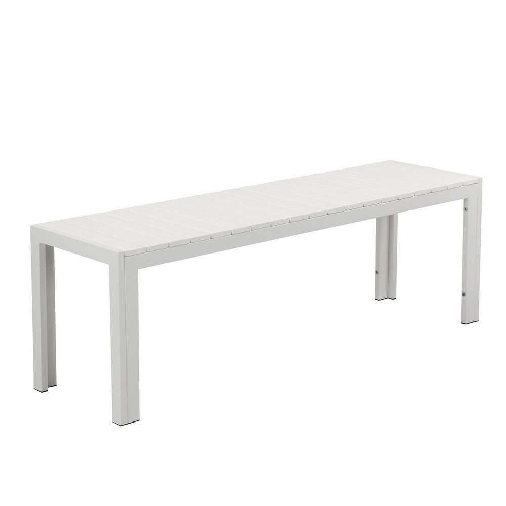 Theo 53 Inch Outdoor Bench, White Aluminum Frame, Plank Style Seat Surface By Casagear Home