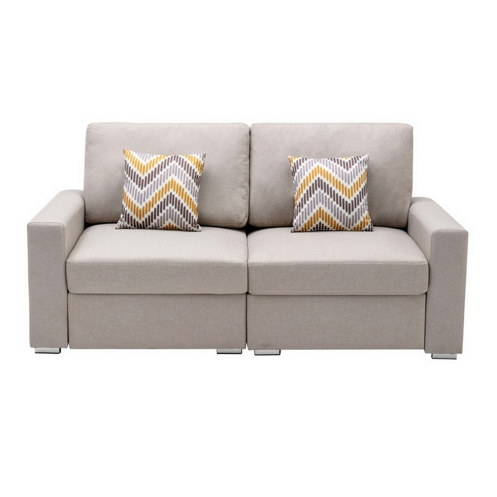 Meg 67 Inch Modern Loveseat with Throw Pillows Adjustable Height Beige By Casagear Home BM287956