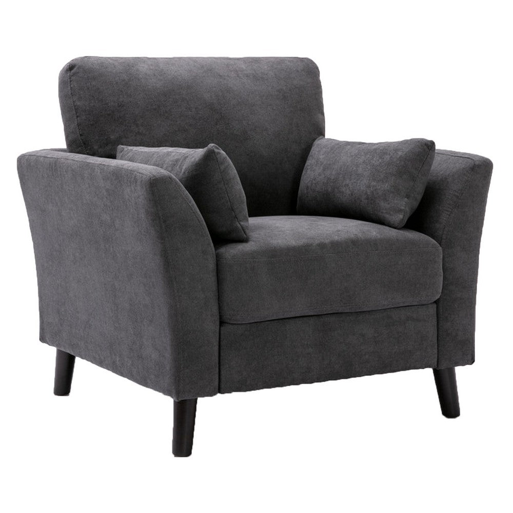 Otto 37 Inch Armchair, Throw Pillows, Cushioned Dark Gray Velvet Fabric By Casagear Home