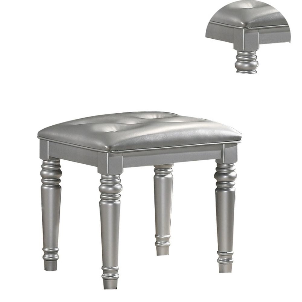 Kya 20 Inch Vanity Stool with Tufted Vegan Faux Leather Seat Glam Silver By Casagear Home BM287974