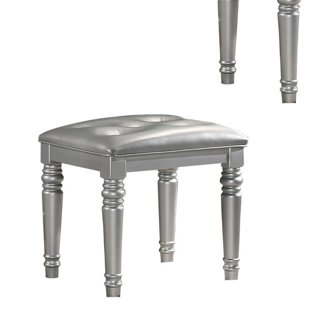 Kya 20 Inch Vanity Stool with Tufted Vegan Faux Leather Seat Glam Silver By Casagear Home BM287974