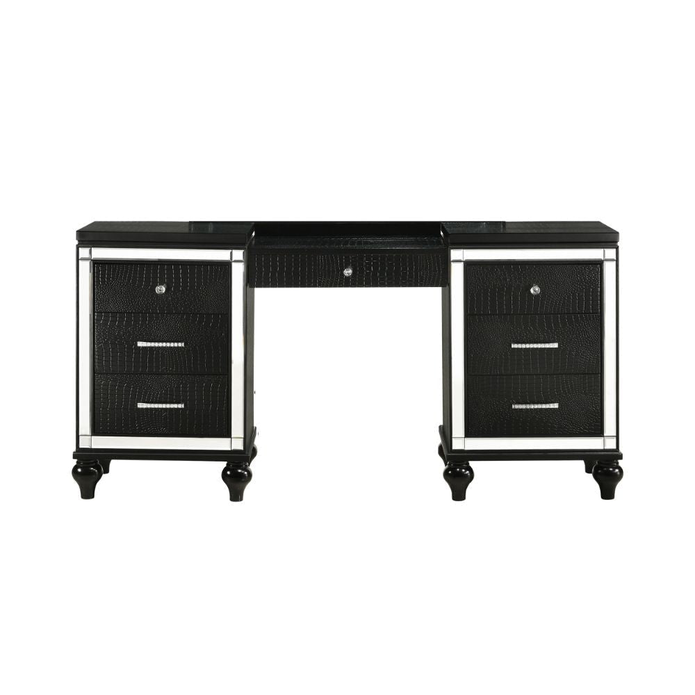 Kya 64 Inch Vanity Dresser Table with 7 Drawers Mirrored Trim Glam Black By Casagear Home BM287976