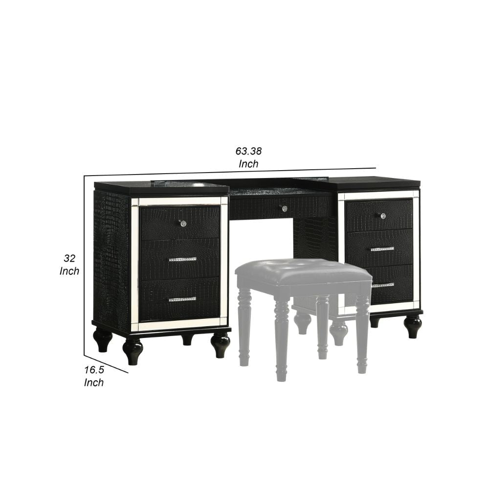 Kya 64 Inch Vanity Dresser Table with 7 Drawers Mirrored Trim Glam Black By Casagear Home BM287976