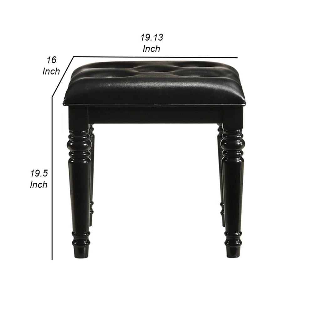 Kya 20 Inch Vanity Stool Black Tufted Vegan Faux Leather Seat Turned Legs By Casagear Home BM287977