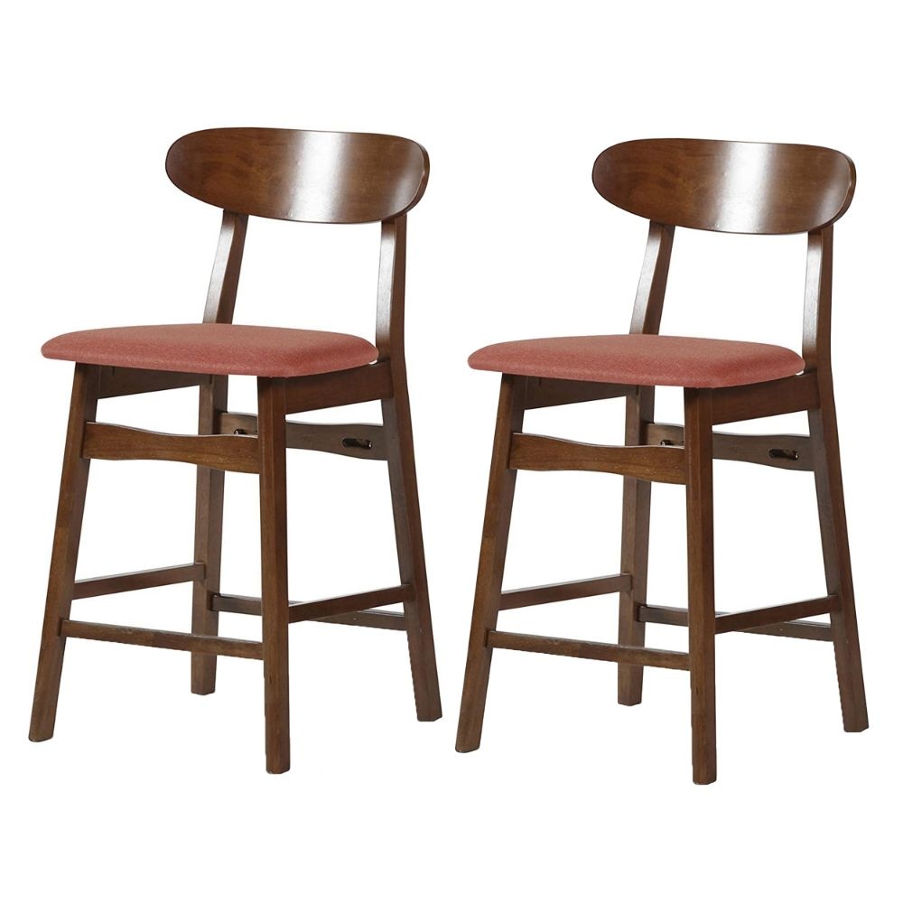 Bev 24 Inch Set of 2 Counter Stools, Orange Cushions, Dark Brown Rubberwood By Casagear Home