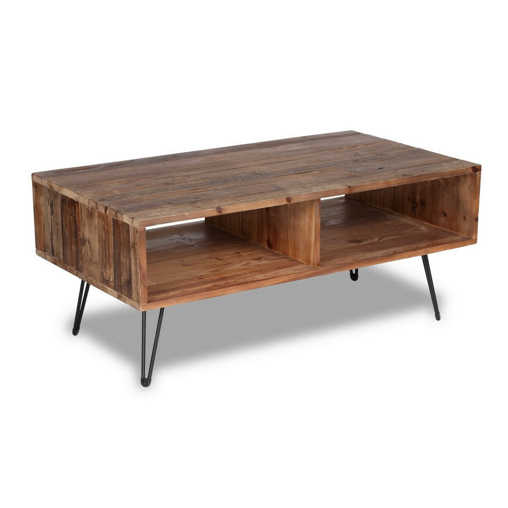 42 Inch Modern Cocktail Coffee Table with Open Compartments, Brown Wood Top By Casagear Home