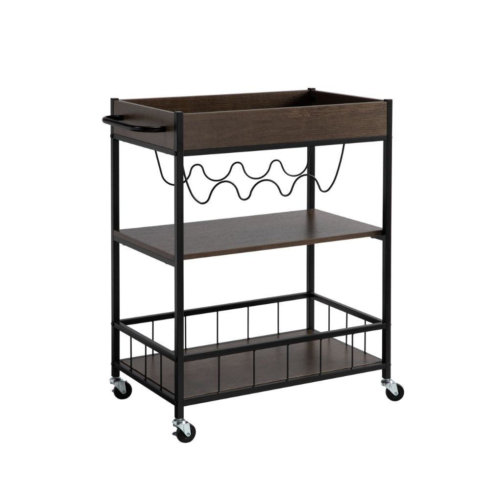 Kelcy 34 Inch Modern Kitchen Bar Cart, 3 Shelves, Wine Rack, Wheels, Brown By Casagear Home