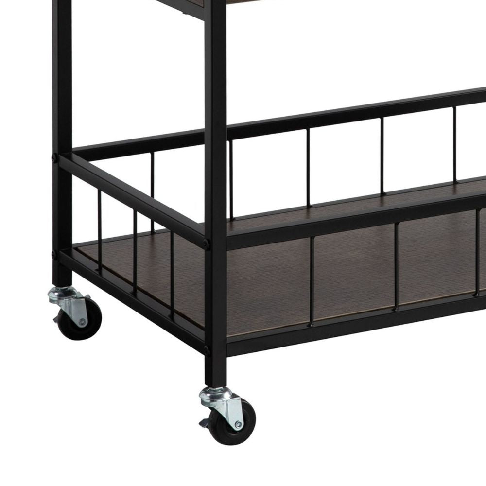 Kelcy 34 Inch Modern Kitchen Bar Cart 3 Shelves Wine Rack Wheels Brown By Casagear Home BM293551