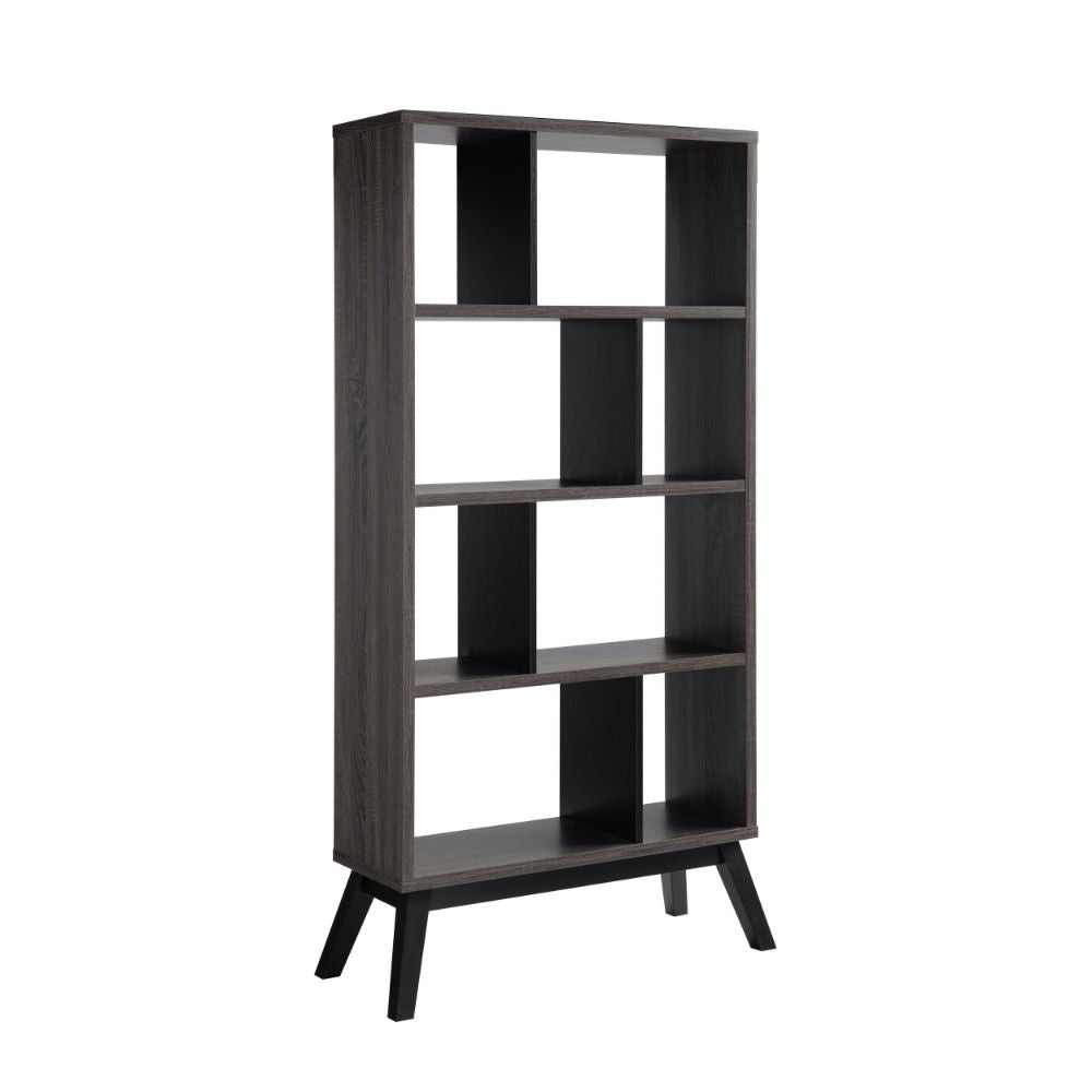 65 Inch Modern Bookcase, Four Shelves with Dividers, Flared Legs, Gray By Casagear Home