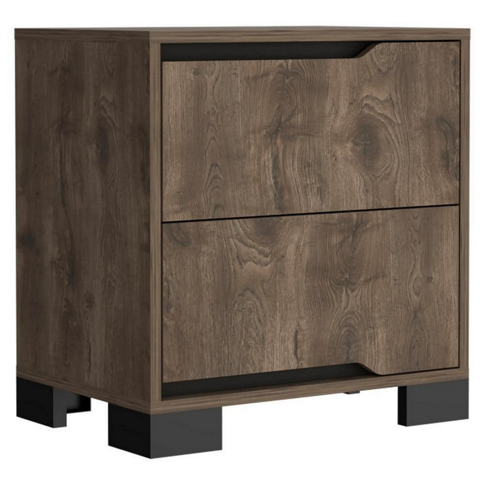 Elbe 33 Inch Modern Nightstand, 2 Gliding Drawers, Dark Oak Veneer Finish By Casagear Home