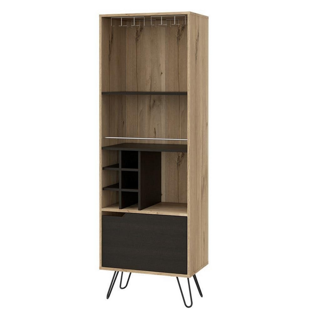 Ash 71 Inch Bar Cabinet, 2 Shelves, 6 Cubbies, Hairpin Legs, Walnut Brown By Casagear Home