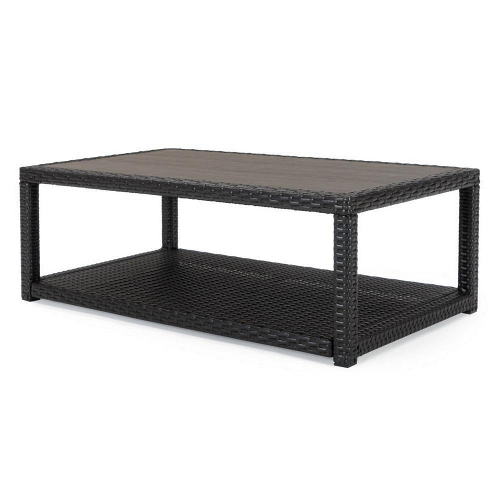 Coco 46 Inch Modern Patio Coffee Table with Shelf, Wicker Frame, Espresso By Casagear Home