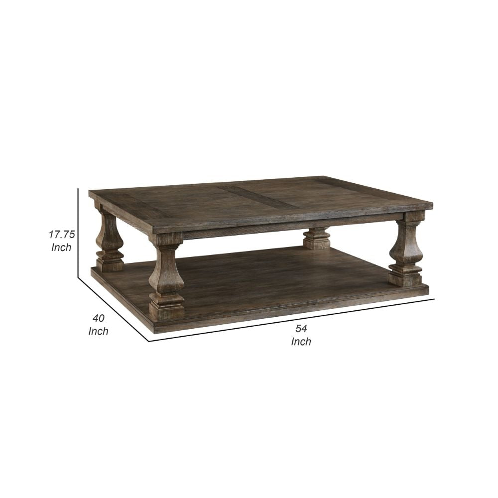 Classic 54 Inch Coffee Table Baluster Legs Spacious Top Weathered Gray By Casagear Home BM294074