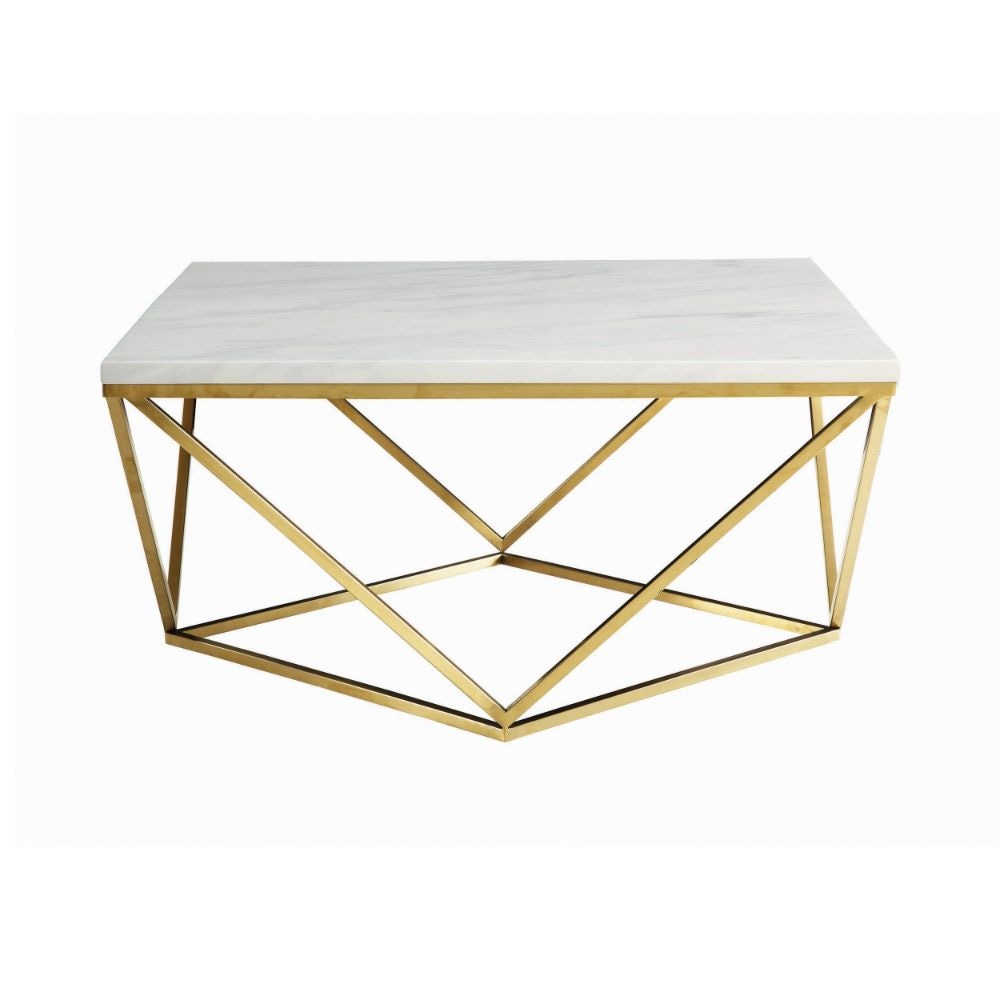 36 Inch Modern Square Coffee Table White Faux Marble Top Slender Gold Base By Casagear Home BM294154