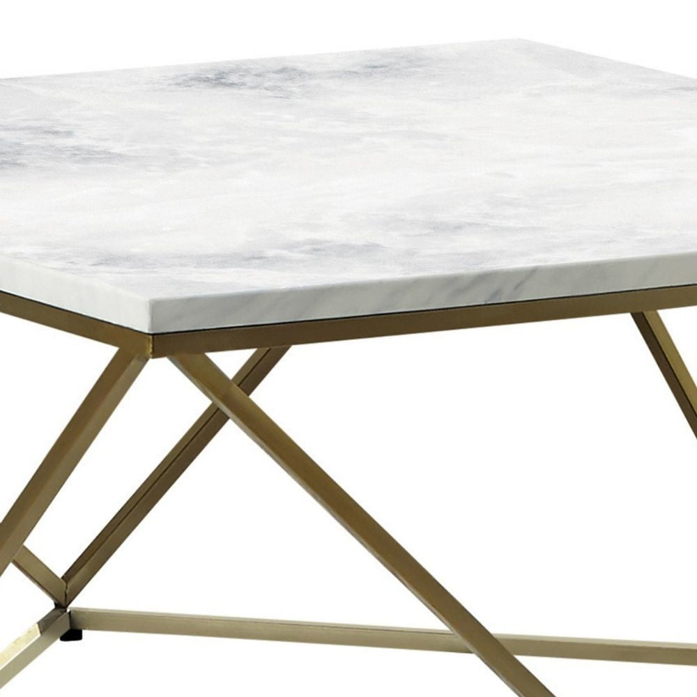 36 Inch Modern Square Coffee Table White Faux Marble Top Slender Gold Base By Casagear Home BM294154