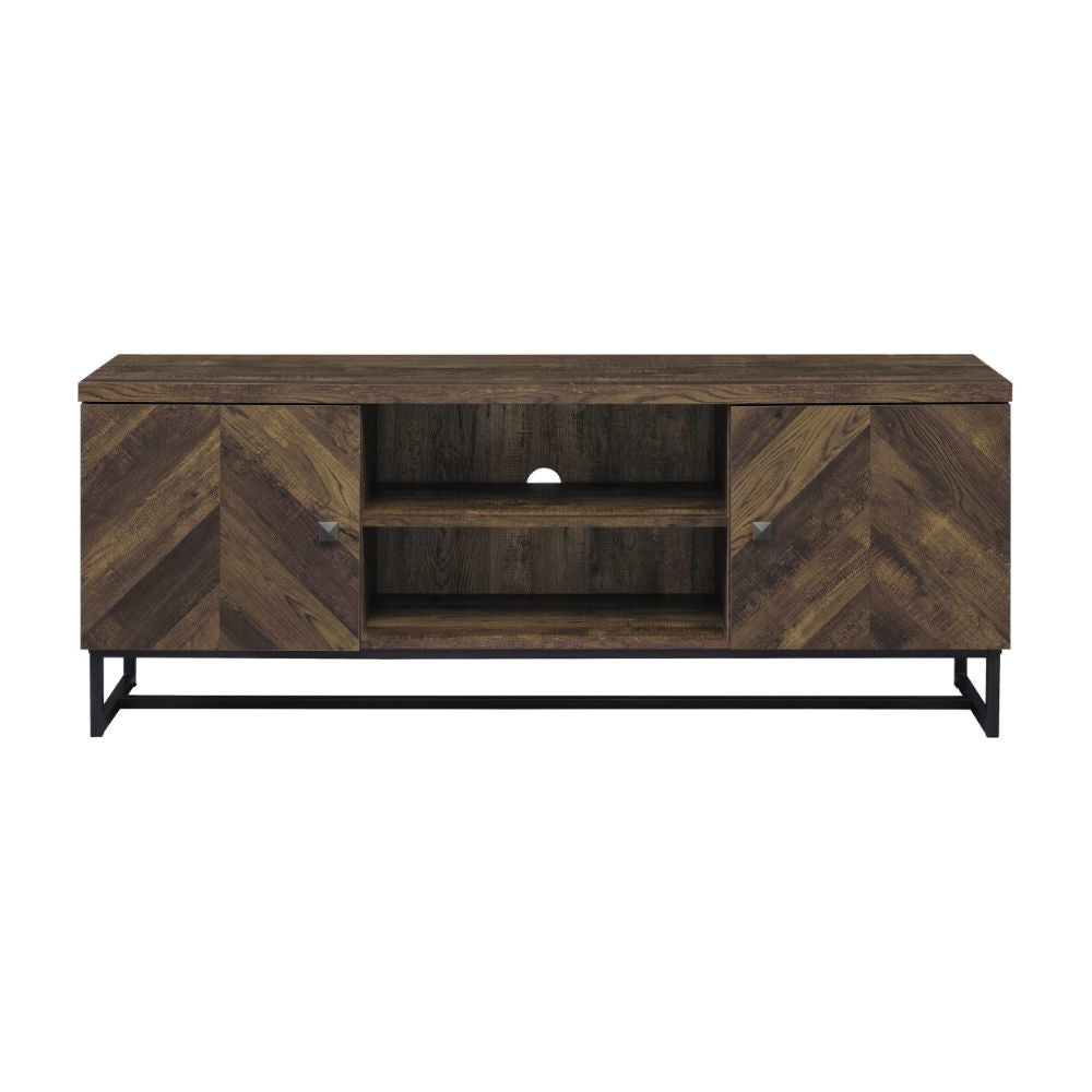 60 Inch TV Media Console Cabinet 2 Herringbone Doors Rustic Brown Wood By Casagear Home BM294186