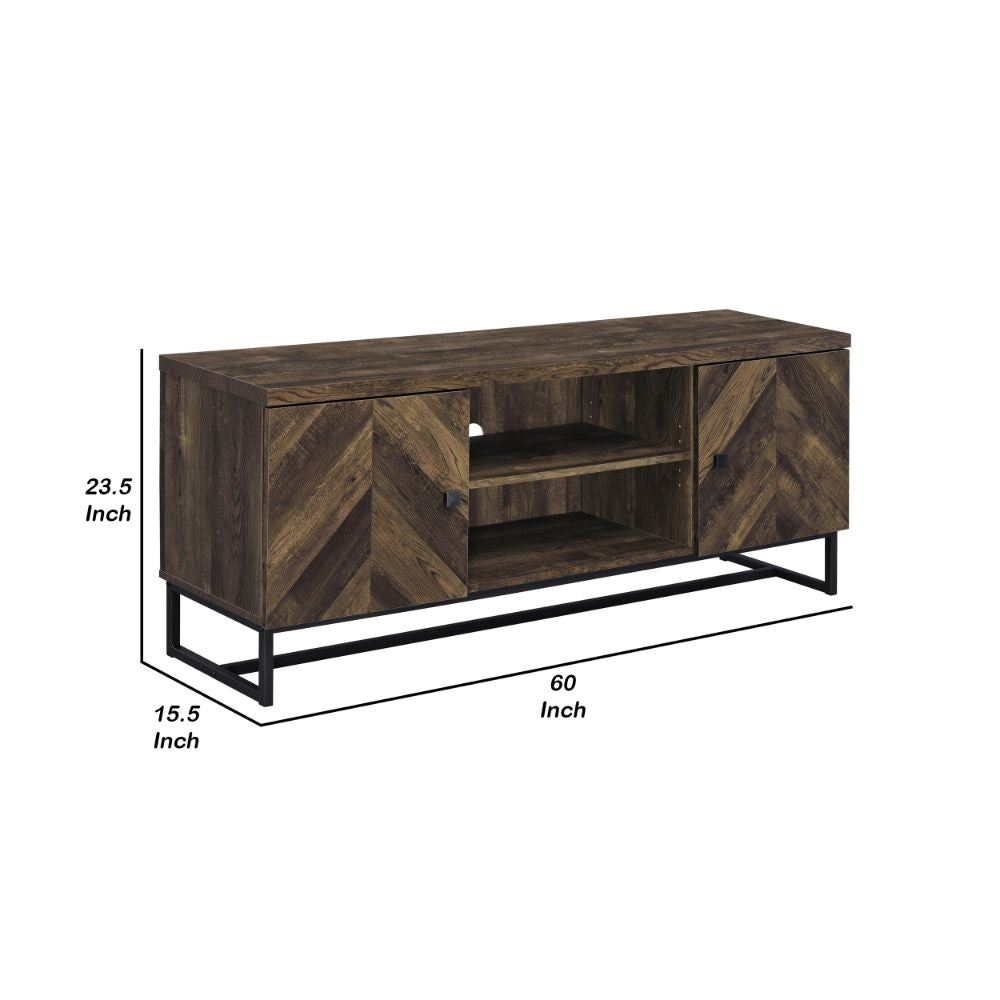 60 Inch TV Media Console Cabinet 2 Herringbone Doors Rustic Brown Wood By Casagear Home BM294186