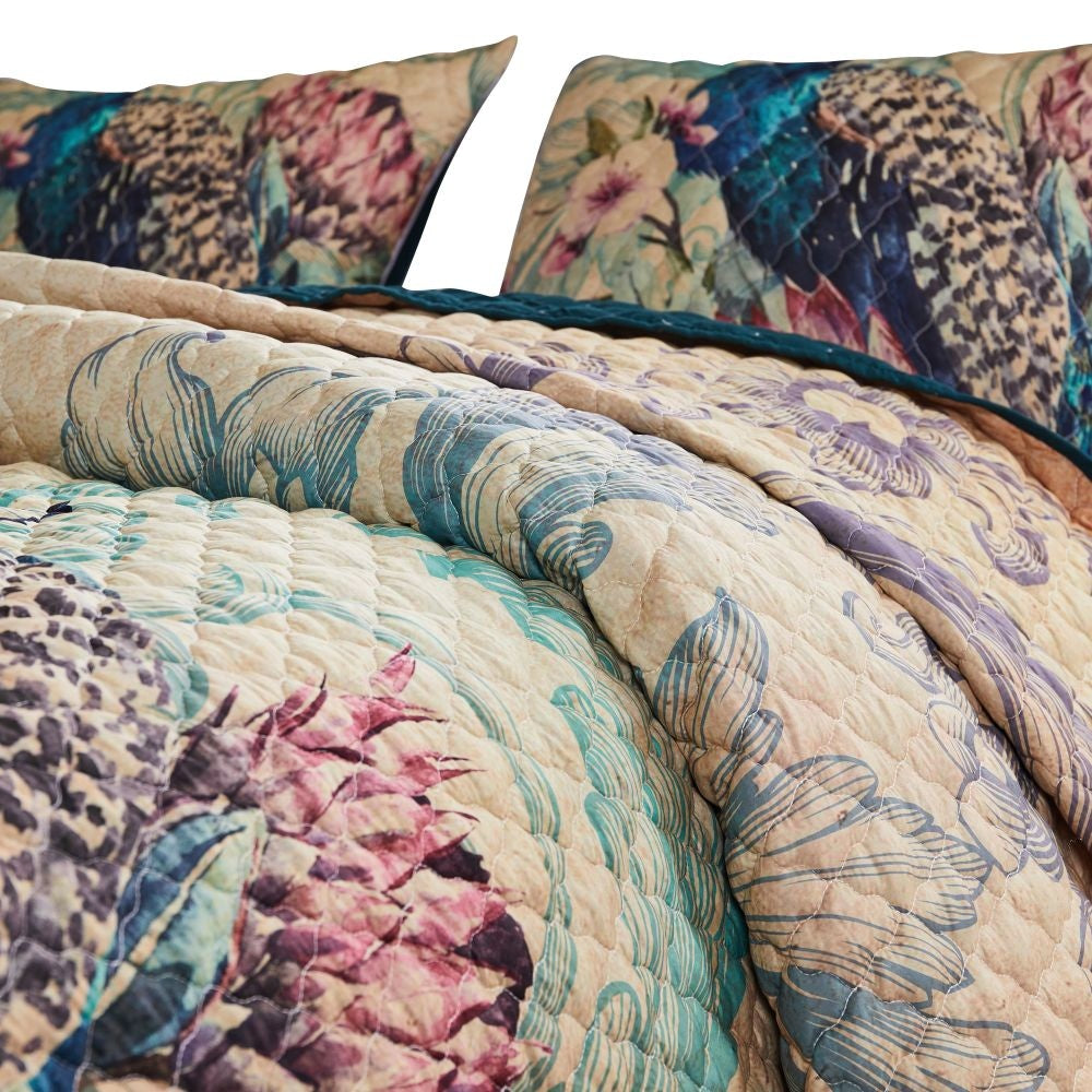 Ufa 36 Inch Quilted King Pillow Sham Peacock Print Vermicelli Stitching By Casagear Home BM294299