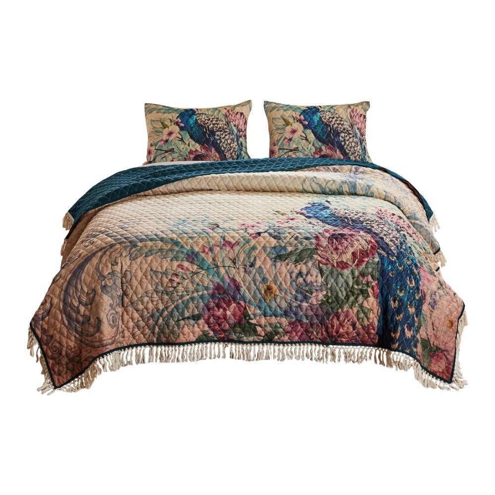 Ufa 36 Inch Quilted King Pillow Sham Peacock Print Vermicelli Stitching By Casagear Home BM294299