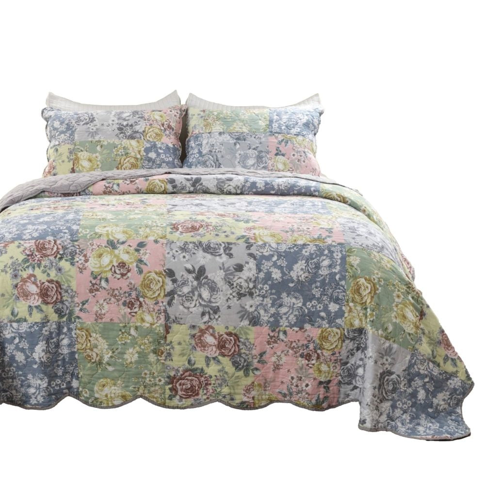 Eni 2 Piece Twin XL Cotton Quilt Set Pastel Blue Flowers Scalloped Edges By Casagear Home BM294301