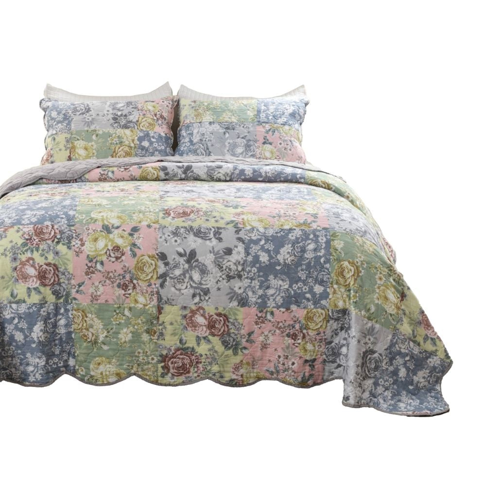 Eni 3 Piece Queen Cotton Quilt Set Vibrant Pastel Blue Flowers Scalloped By Casagear Home BM294302