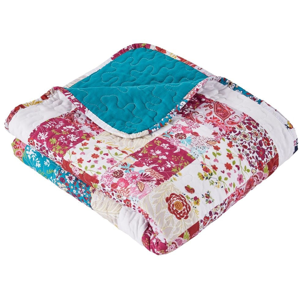 Zay 60 Inch Throw Blanket Patchwork Floral Print Teal Blue Microfiber By Casagear Home BM294309