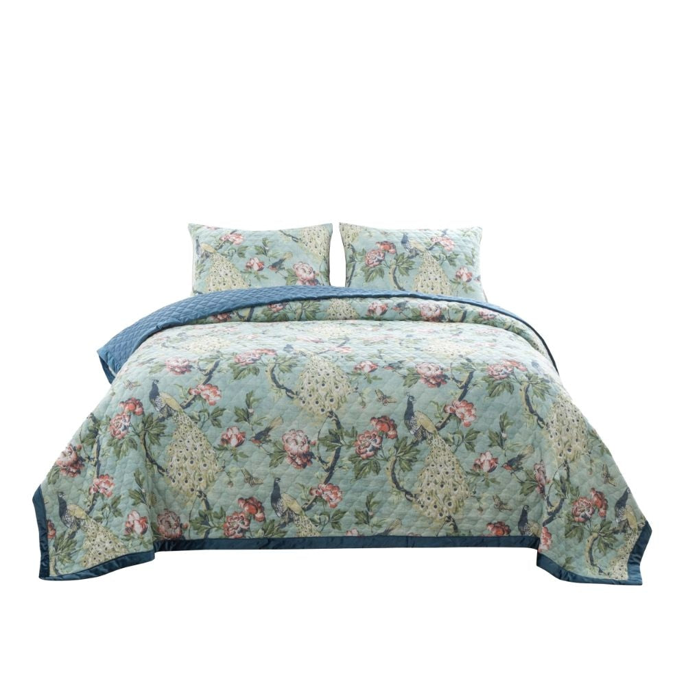 Eden 2 Piece Twin XL Quilt Set, Peacock and Songbirds, Green Microfiber By Casagear Home