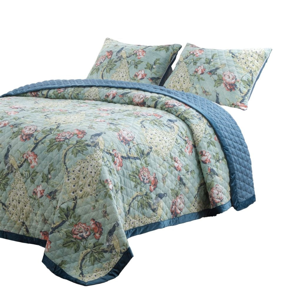 Eden 2 Piece Twin XL Quilt Set Peacock and Songbirds Green Microfiber By Casagear Home BM294313