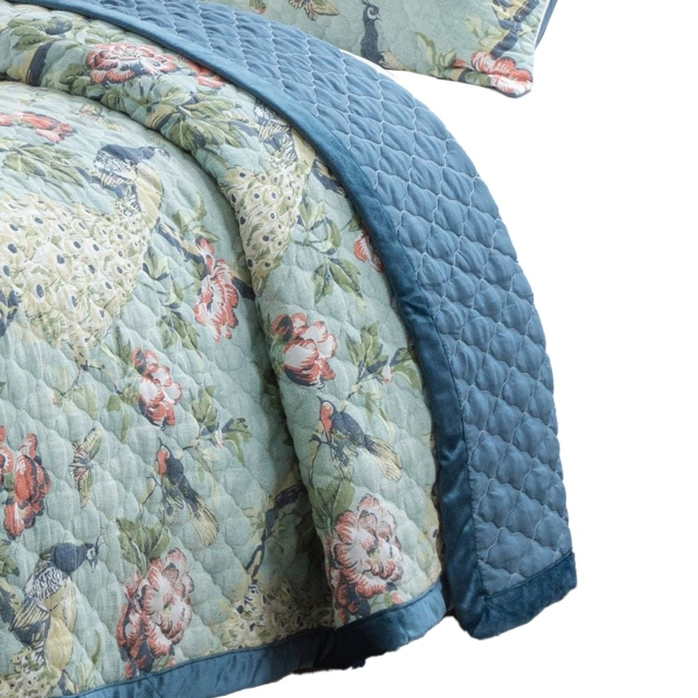 Eden 2 Piece Twin XL Quilt Set Peacock and Songbirds Green Microfiber By Casagear Home BM294313