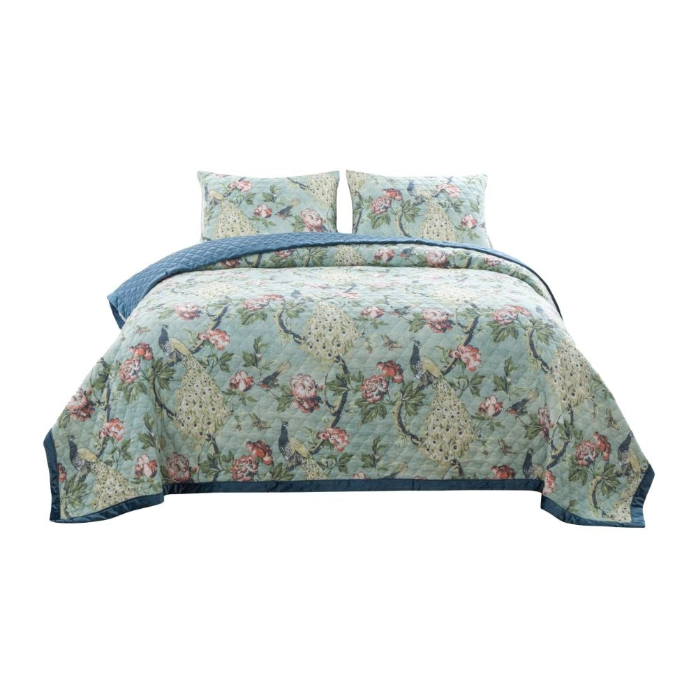 Eden 3 Piece Queen Quilt Set, Peacock and Songbirds, Light Green Microfiber By Casagear Home