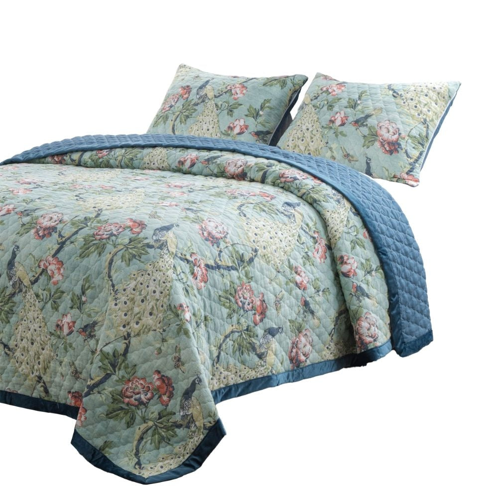 Eden 3 Piece Queen Quilt Set Peacock and Songbirds Light Green Microfiber By Casagear Home BM294314