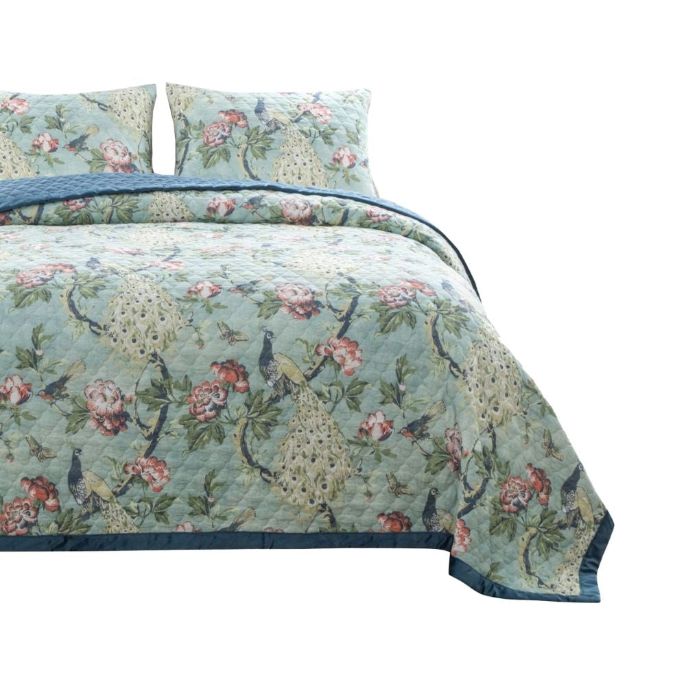 Eden 3 Piece Queen Quilt Set Peacock and Songbirds Light Green Microfiber By Casagear Home BM294314