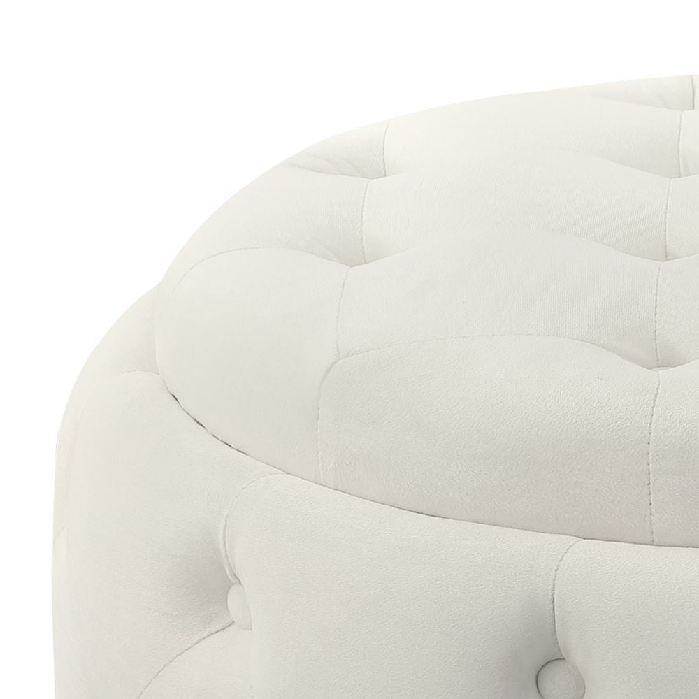 Lina 28 Inch Round Ottoman Storage Area Pearl White Vegan Faux Leather By Casagear Home BM294801